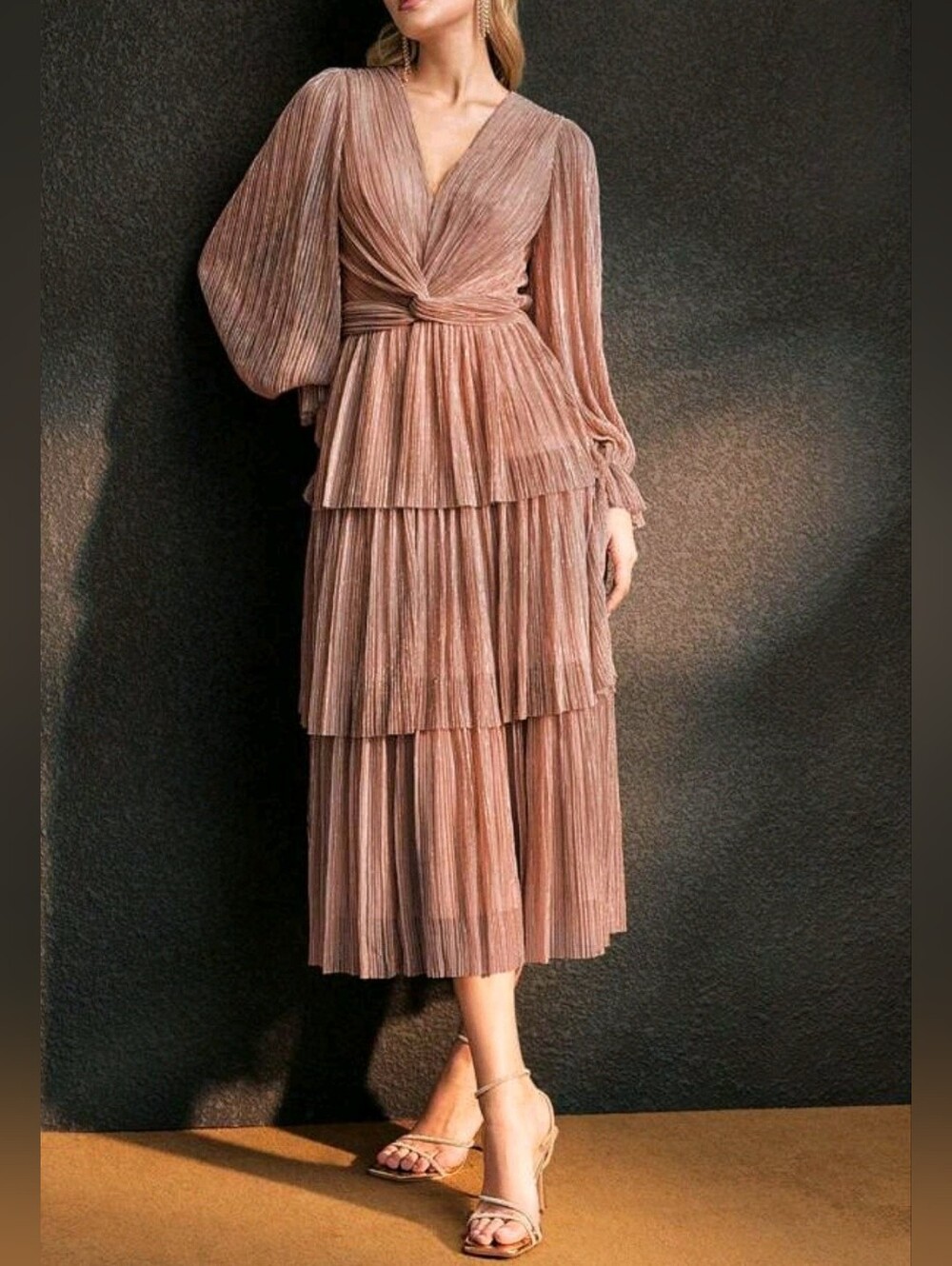 New Metallic Twist Layered Ruffle Midi Dress Long Sleeve Dusty Pink